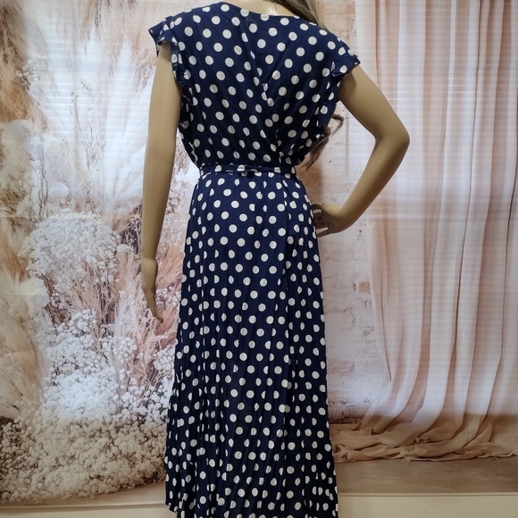 Grecerelle Women's Large Navy & White Polka Dot Surplice Long Flowing Maxi Dress - Picture 6 of 15